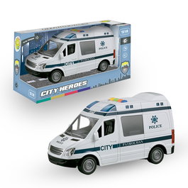 Tachan - Furgon Policia avec lumière et son, Héros de la Ville, voiture de police jouet friction 1:16, langues multiples