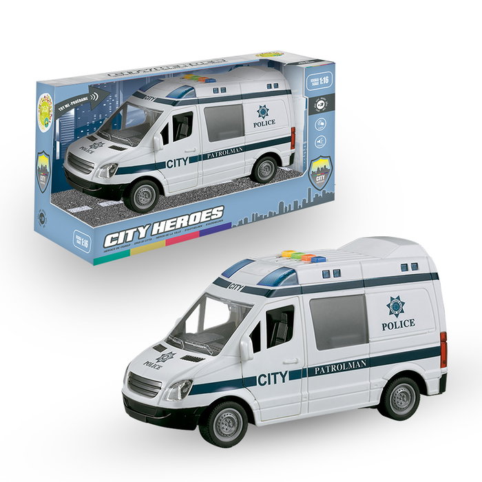 Tachan - Furgon Policia avec lumière et son, Héros de la Ville, voiture de police jouet friction 1:16, langues multiples Tachan - Furgon Policia avec lumière et son, Héros de la Ville, voiture de police jouet friction 1:16, langues multiples