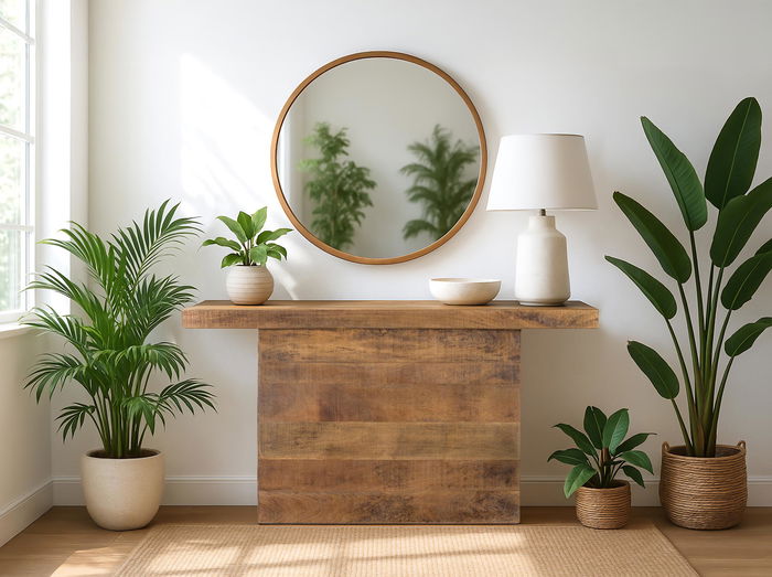 GINER Y COLOMER Consola en bois de manguier massif, design rectangulaire avec base centrale en forme de pédestal pour une grande stabilité, finition naturelle GINER Y COLOMER Consola en bois de manguier massif, design rectangulaire avec base centrale en forme de pédestal pour une grande stabilité, finition naturelle