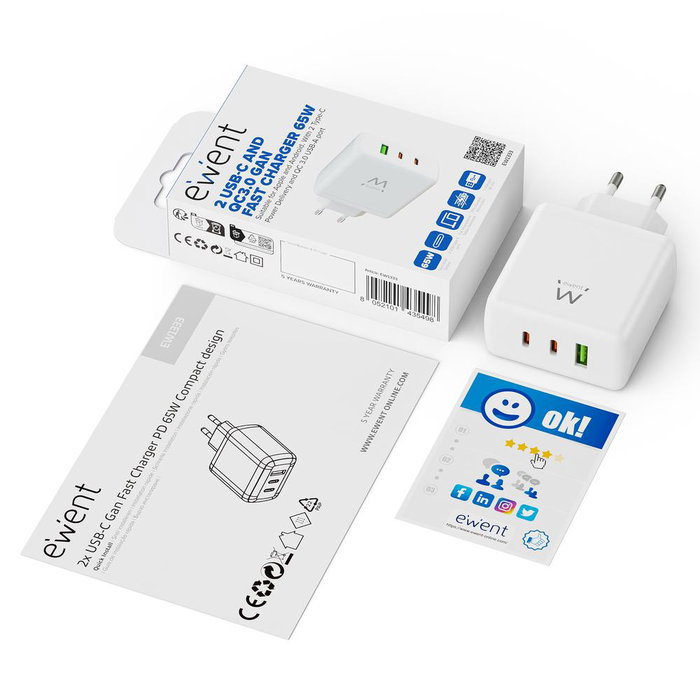 Ewent Chargeur Rapide GaN 65W EW1333 2x USB-C PD + USB-A QC 3.0