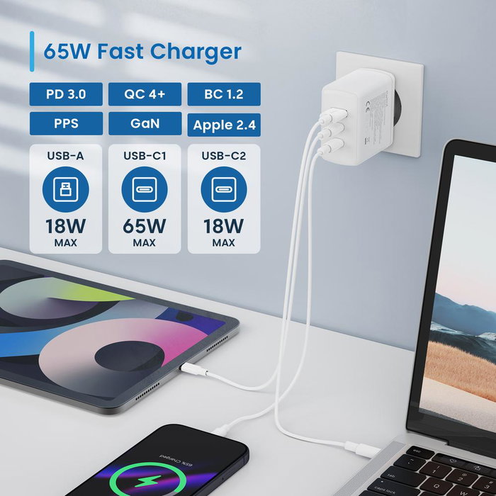 Ewent Chargeur Rapide GaN 65W EW1333 2x USB-C PD + USB-A QC 3.0