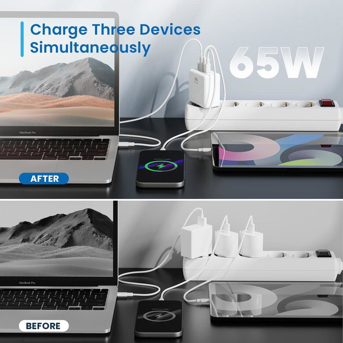 Ewent Chargeur Rapide GaN 65W EW1333 2x USB-C PD + USB-A QC 3.0
