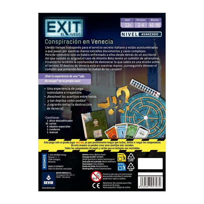 Devir Jeu de Société EXIT: Conspiration à Venise - Escape Room Avancé - 1 à 4 Joueurs - Dès 12 Ans