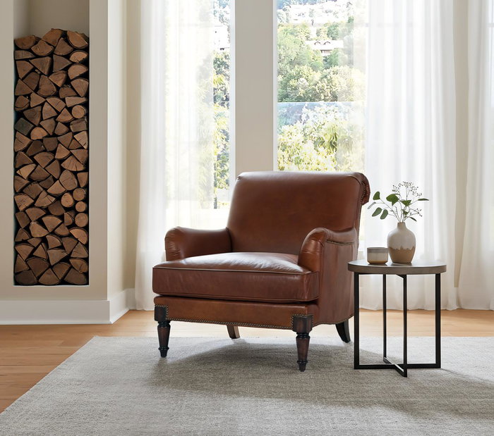 GINER Y COLOMER Fauteuil en Cuir Brun avec Accoudoirs et Pieds en Bois de Style Chippendale, Dimensions L94 x P82 x H88 cm - Intérieur
