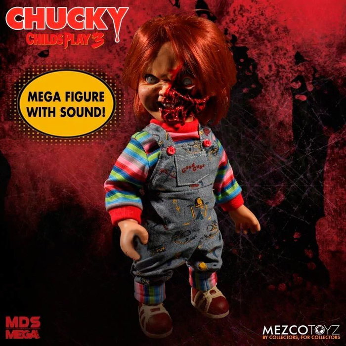 MEZCO TOYZ Figurine Chucky Child's Play Diabolique 38 cm - Figurine articulée parlante avec phrases en anglais et 3 faces Pizza - Fonctionne avec piles