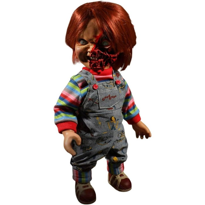 MEZCO TOYZ Figurine Chucky Child's Play Diabolique 38 cm - Figurine articulée parlante avec phrases en anglais et 3 faces Pizza - Fonctionne avec piles