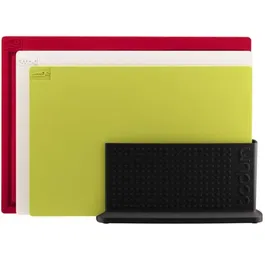 Bodum - Jeu de 3 planches à découper BISTRO avec support, code couleur pour éviter la contamination croisée, plastique sans BPA