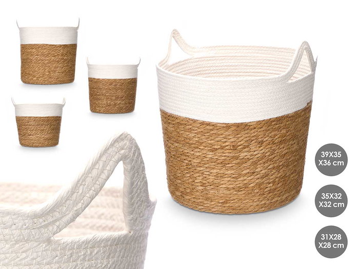 GIFTDECOR Set de 3 paniers ronds avec anses Blanco-Natural GIFTDECOR Set de 3 paniers ronds avec anses Blanco-Natural