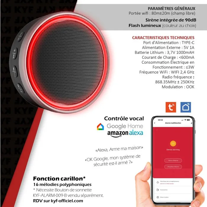 Kit Alarme KYF 868 MHz WiFi avec Sirène Intégrée 90 dB, 2 Flashs Lumineux et 2 Télécommandes - Sécurité Longue Portée