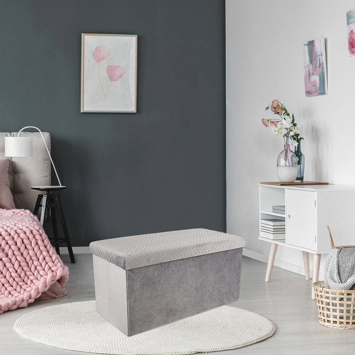 Home Deco Factory Banco-pouf pliable en velours gris avec motif zig-zag