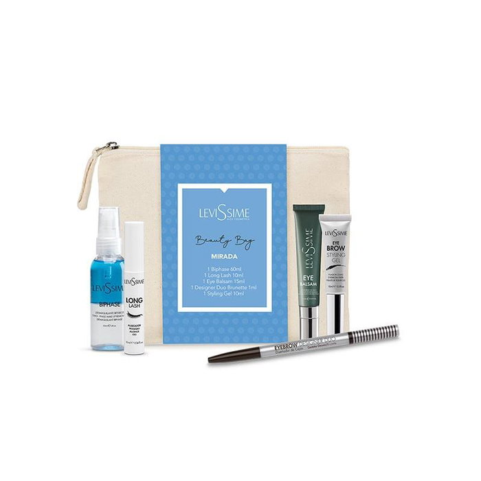 Levissime Beauty Bag Mirada - Trousse de beauté avec BiPhase démaquillant, Long Lash sérum, EyeBrow Designer Duo, Eye Balsam et EyeBrow Styling Gel Levissime Beauty Bag Mirada - Trousse de beauté avec BiPhase démaquillant, Long Lash sérum, EyeBrow Designer Duo, Eye Balsam et EyeBrow Styling Gel
