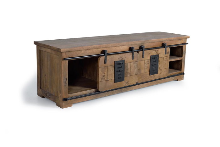 GINER Y COLOMER - Meuble TV en bois d'acacia avec 2 portes coulissantes et 1 tiroir, style industriel, détails métal, finition naturelle