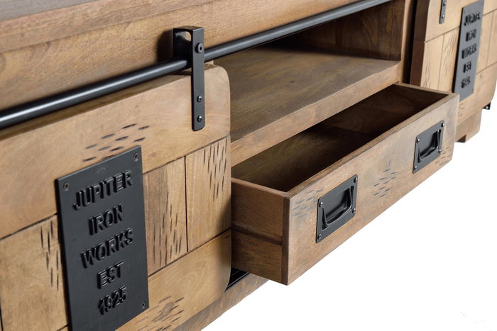 GINER Y COLOMER - Meuble TV en bois d'acacia avec 2 portes coulissantes et 1 tiroir, style industriel, détails métal, finition naturelle