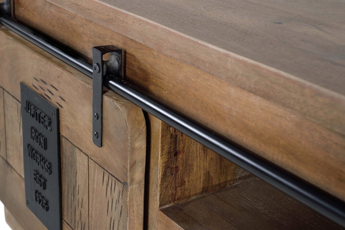 GINER Y COLOMER - Meuble TV en bois d'acacia avec 2 portes coulissantes et 1 tiroir, style industriel, détails métal, finition naturelle