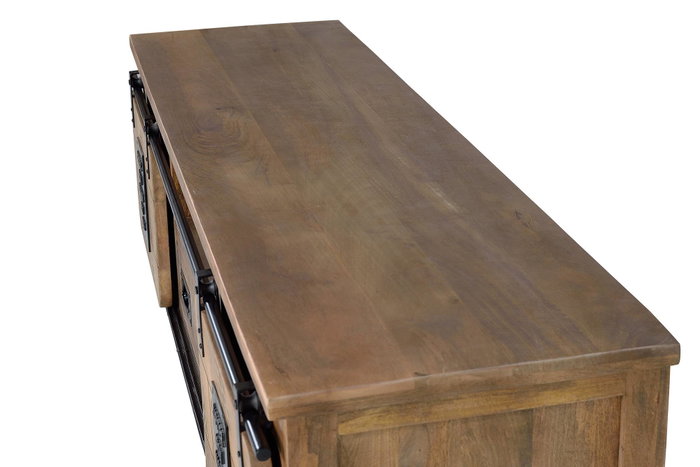 GINER Y COLOMER - Meuble TV en bois d'acacia avec 2 portes coulissantes et 1 tiroir, style industriel, détails métal, finition naturelle