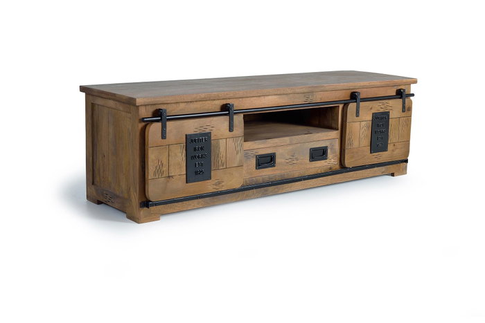 GINER Y COLOMER - Meuble TV en bois d'acacia avec 2 portes coulissantes et 1 tiroir, style industriel, détails métal, finition naturelle