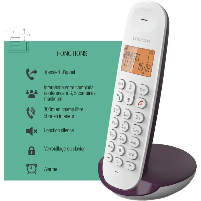 Logicom ILOA 150 SOLO Téléphone fixe sans fil DECT, couleur aubergine, sans répondeur