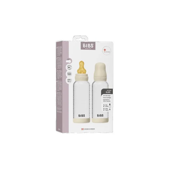 Bibs Lot de 2 biberons en verre 240 ml, embout rond, Ivory Bibs Lot de 2 biberons en verre 240 ml, embout rond, Ivory