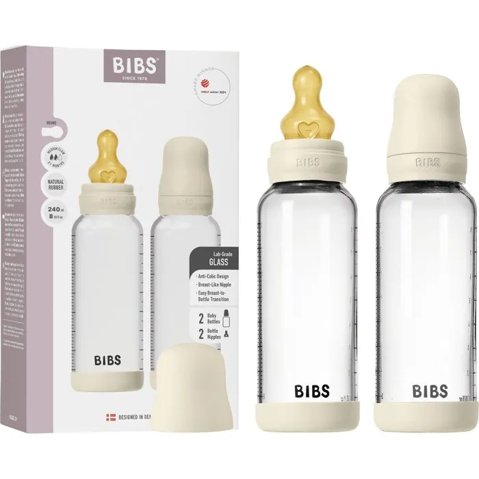 Bibs Lot de 2 biberons en verre 240 ml, embout rond, Ivory Bibs Lot de 2 biberons en verre 240 ml, embout rond, Ivory