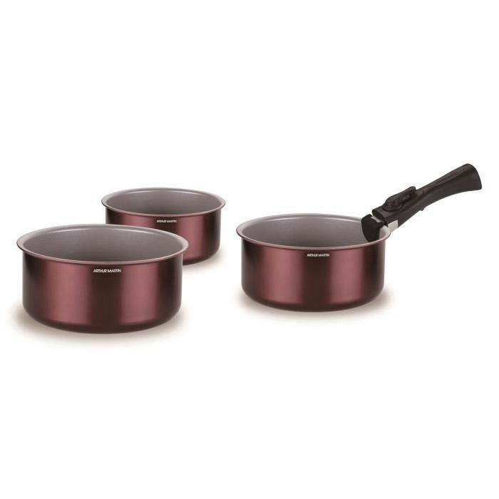 Arthur Martin Set de 3 Casseroles Violet Prune avec Poignée Amovible, 16/18/20 cm