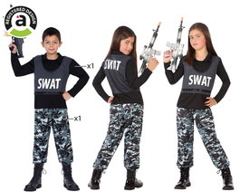 Déguisement Policier SWAT Unisex Enfant 7-9 Ans - Ensemble 2 Pièces (Chemise et Pantalon) en Polyester Noir