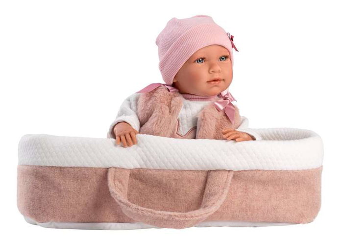 Llorens - Muñeca recién nacida llorona Mimi - Poupée nouveau-né pleureuse avec berceau rose, toucher doux, corps en tissu 40 cm - Fonctionne avec piles LR44