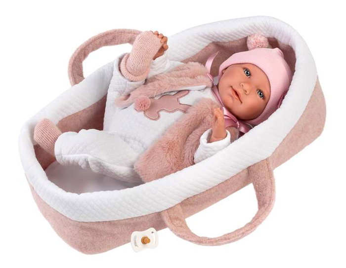 Llorens - Muñeca recién nacida llorona Mimi - Poupée nouveau-né pleureuse avec berceau rose, toucher doux, corps en tissu 40 cm - Fonctionne avec piles LR44