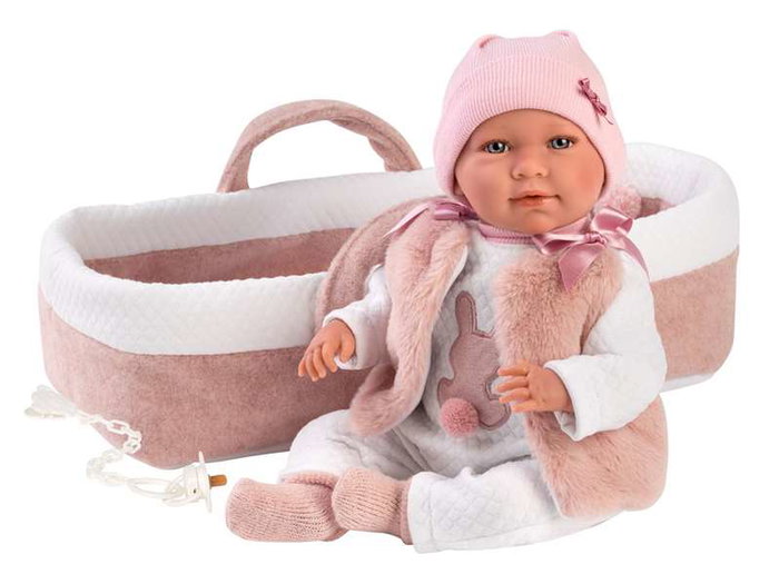 Llorens - Muñeca recién nacida llorona Mimi - Poupée nouveau-né pleureuse avec berceau rose, toucher doux, corps en tissu 40 cm - Fonctionne avec piles LR44