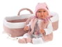 Llorens - Muñeca recién nacida llorona Mimi - Poupée nouveau-né pleureuse avec berceau rose, toucher doux, corps en tissu 40 cm - Fonctionne avec piles LR44