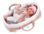 Llorens - Muñeca recién nacida llorona Mimi - Poupée nouveau-né pleureuse avec berceau rose, toucher doux, corps en tissu 40 cm - Fonctionne avec piles LR44