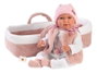 Llorens - Muñeca recién nacida llorona Mimi - Poupée nouveau-né pleureuse avec berceau rose, toucher doux, corps en tissu 40 cm - Fonctionne avec piles LR44