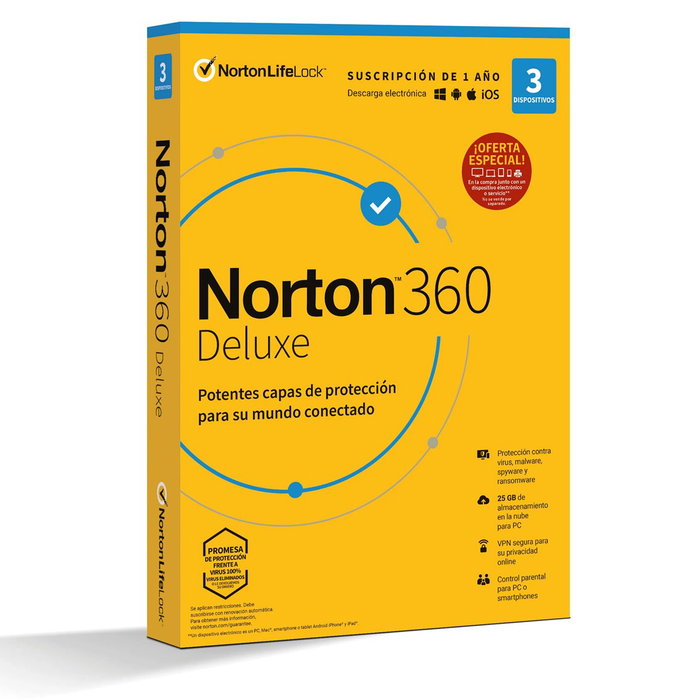 Norton 360 Deluxe 25 Go Antivirus + VPN + Contrôle parental - Version Espagnol Norton 360 Deluxe 25 Go Antivirus + VPN + Contrôle parental - Version Espagnol