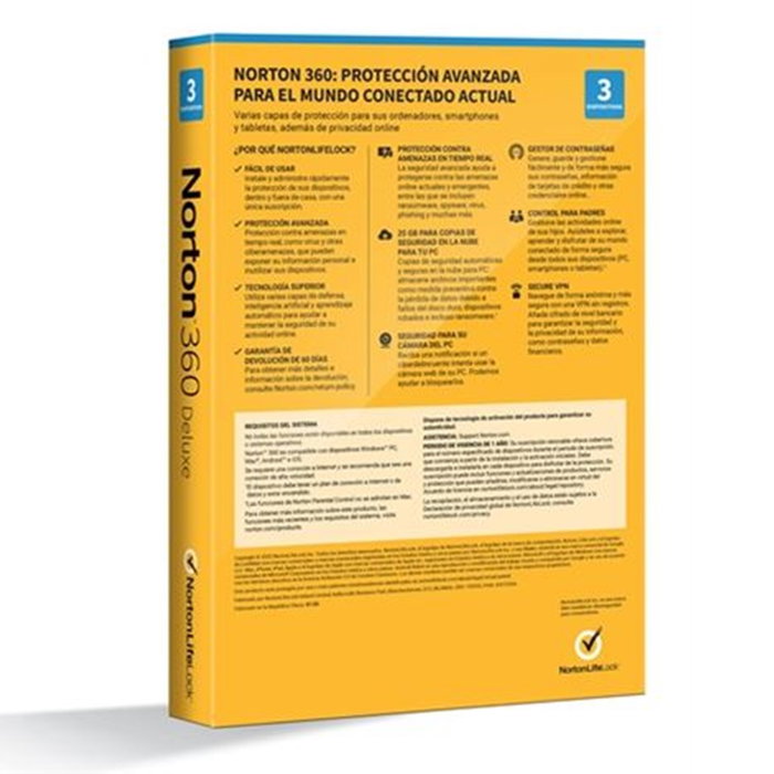 Norton 360 Deluxe 25 Go Antivirus + VPN + Contrôle parental - Version Espagnol Norton 360 Deluxe 25 Go Antivirus + VPN + Contrôle parental - Version Espagnol