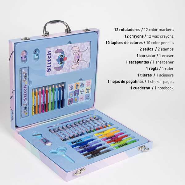 Cerdá Set de papeterie trousse coloriable Stitch 30 x 27 x 4 cm - Blue - Loisir créatif pour enfants 2 à 8 ans