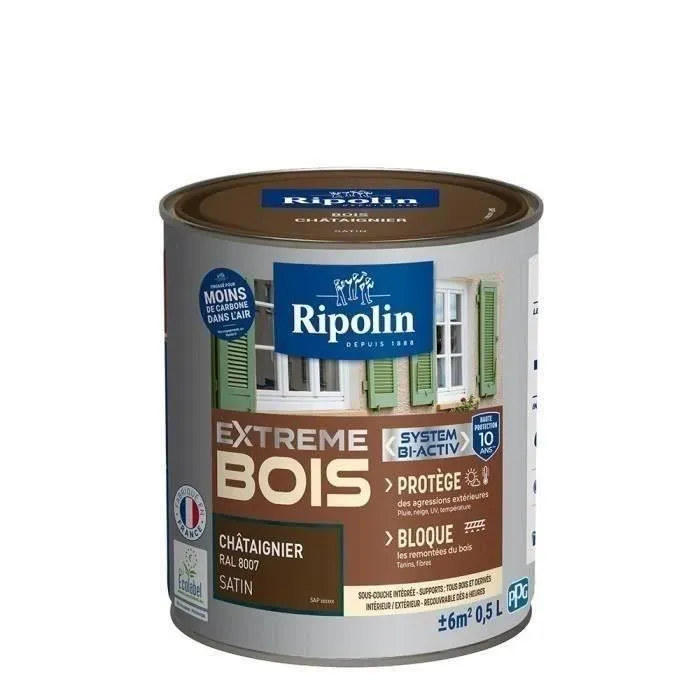 Ripolin - Peinture Bois Satin Châtaignier Haute Protection 10 ans - Pour Intérieur et Extérieur - Ultra Couvrante - Résistante aux Chocs - Certifiée EU Ecolabel A+ Ripolin - Peinture Bois Satin Châtaignier Haute Protection 10 ans - Pour Intérieur et Extérieur - Ultra Couvrante - Résistante aux Chocs - Certifiée EU Ecolabel A+