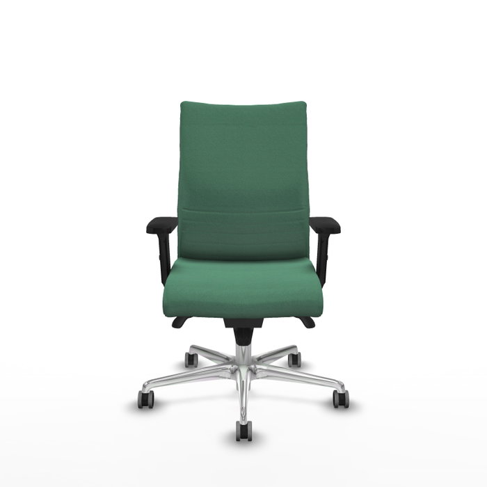 Chaise Albacete confidente Synchro 5 positions Tissu Vert émeraude Structure d' aluminium Accoudoir 2D Sans appui-tête Roulettes 65mm pour moquette