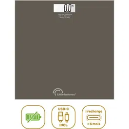Little Balance Pese-personne SB3 Tonka, rechargeable USB-C, 180 kg max, écran LCD, plateau verre 28x28 cm, batterie Li-Ion