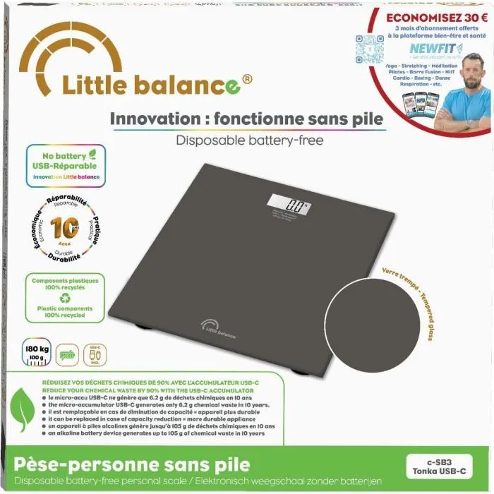 Little Balance Pese-personne SB3 Tonka, rechargeable USB-C, 180 kg max, écran LCD, plateau verre 28x28 cm, batterie Li-Ion