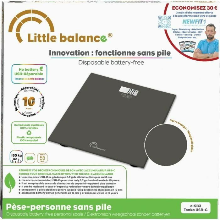 Little Balance Pese-personne SB3 Tonka, rechargeable USB-C, 180 kg max, écran LCD, plateau verre 28x28 cm, batterie Li-Ion