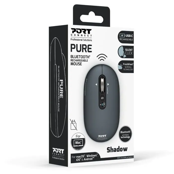 Port Designs Souris sans fil PURE 910501 pour Mac Bluetooth Rechargeable USB-C, 3200 DPI, Molette FreeWheel, Gris anthracite
