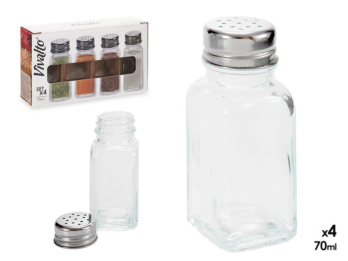 Vivalto Set de 4 Épiciers en Verre 70 ml - Transparent et Argenté 17,5x4,5x17,5 cm (Set de 24) Vivalto Set de 4 Épiciers en Verre 70 ml - Transparent et Argenté 17,5x4,5x17,5 cm (Set de 24)