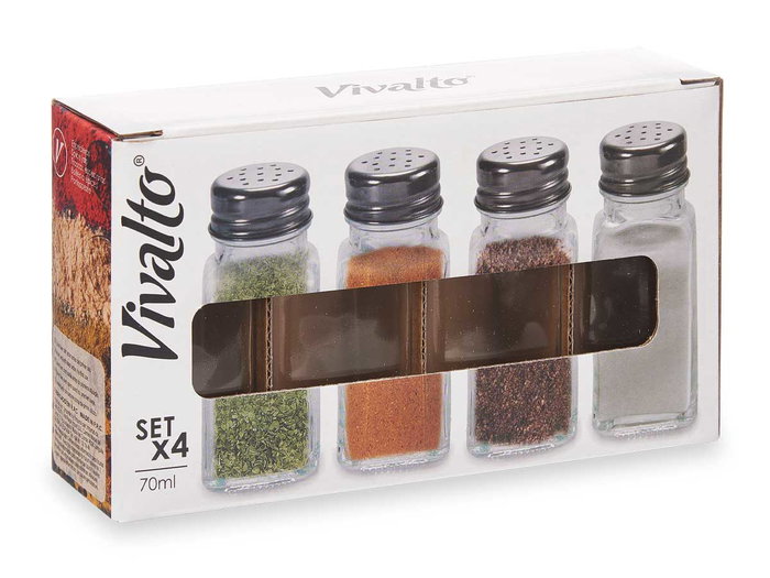Vivalto Set de 4 Épiciers en Verre 70 ml - Transparent et Argenté 17,5x4,5x17,5 cm (Set de 24) Vivalto Set de 4 Épiciers en Verre 70 ml - Transparent et Argenté 17,5x4,5x17,5 cm (Set de 24)
