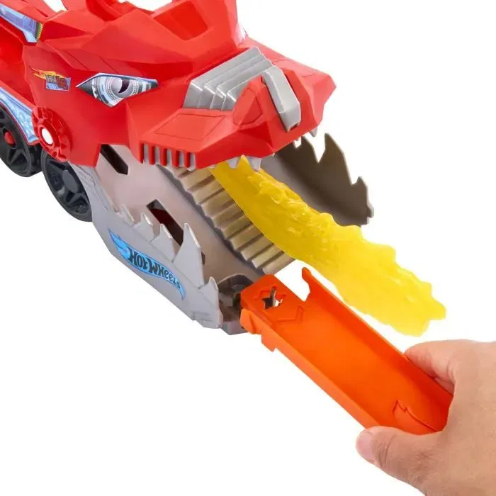 Hot Wheels JBM72 Transporteur 2 en 1 City avec Dragons et 2 Voitures - Jeu de Construction Jouet pour Enfants à partir de 4 Ans