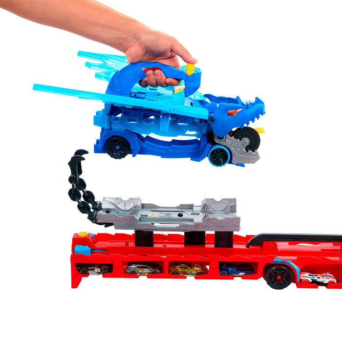 Hot Wheels Transporteur Dragon avec Attaque Double - Piste de Course et Garage - Jouet pour Enfants - Réf. Jbm72