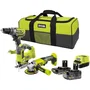 Ryobi - Kit 3 outils sans fil 18V : Perceuse-visseuse R18DD3, meuleuse d'angle 115 mm, scie sauteuse avec 2 batteries Li-ion 4.0 Ah et 2.0 Ah, chargeur et sac de transport