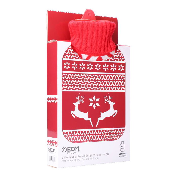 Edm Bouillotte 2 L avec motif rennes nordiques – Housse en laine rouge et blanc
