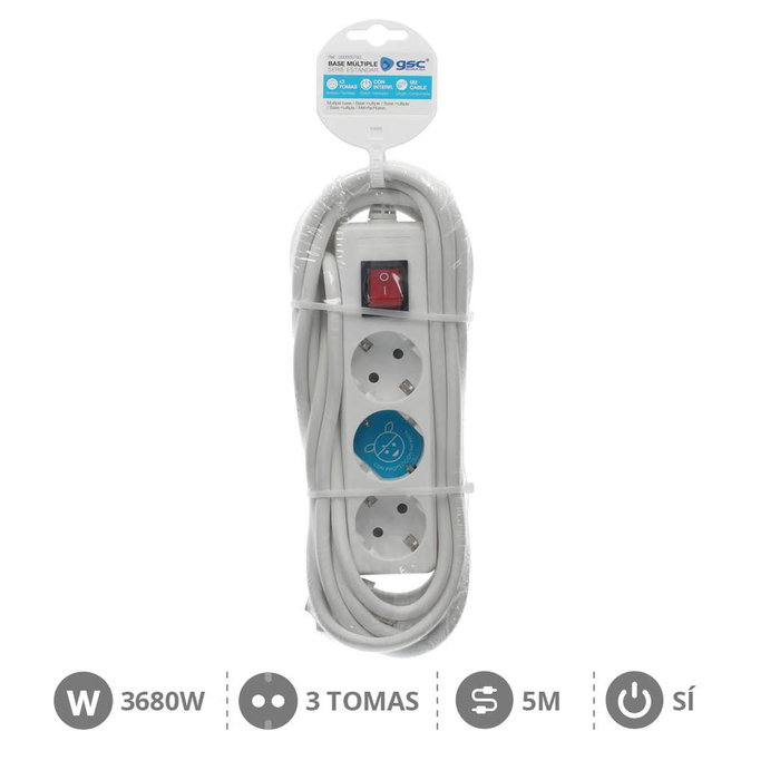 GSC Evolution Multiprise série Standard 3 prises avec interrupteur, câble 5m, blanc