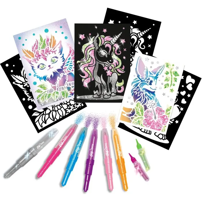 Lansay Blopens - Set Créatures Pailletées avec Pochoirs Réutilisables - Effet Aérographe et Glitter - Jouet Créatif dès 5 Ans