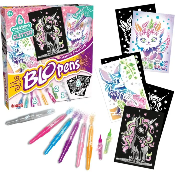 Lansay Blopens - Set Créatures Pailletées avec Pochoirs Réutilisables - Effet Aérographe et Glitter - Jouet Créatif dès 5 Ans