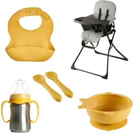 Thermobaby HANDY - Pack chaise haute pliable et kit repas bébé complet avec bavoir, bol ventouse, tasse inox et cuillères silicone